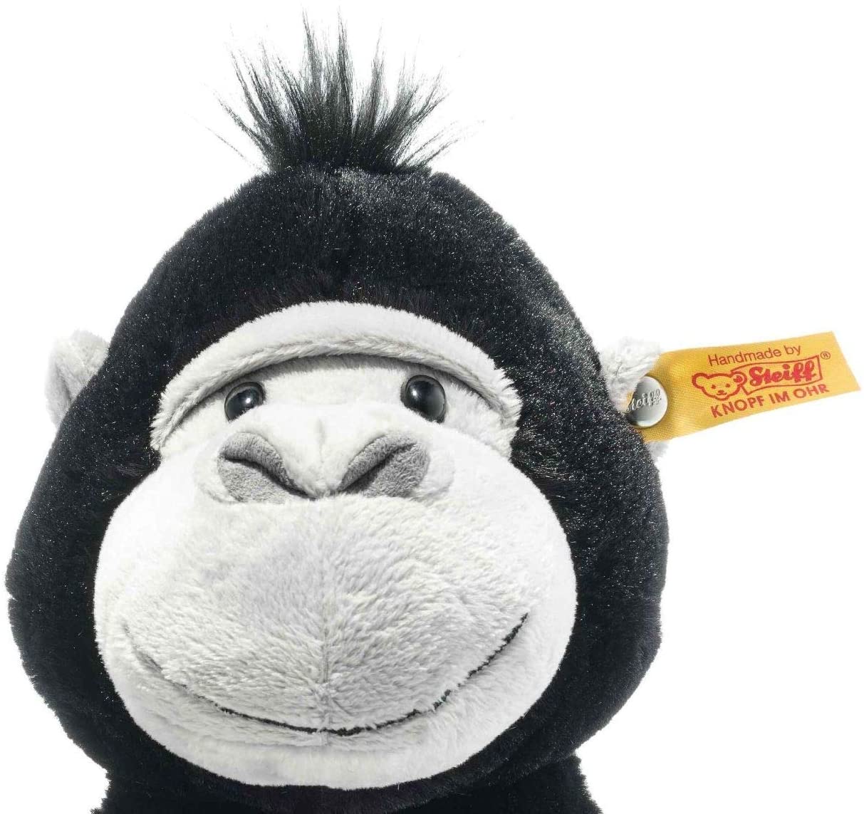 Steiff 069116 Original Plüschtier Bongy Gorilla, Soft Cuddly Friends Kuscheltier ca. 30 cm, Markenplüsch mit Knopf im Ohr, Schmusefreund für Babys von Geburt an, schwarz-hellgrau