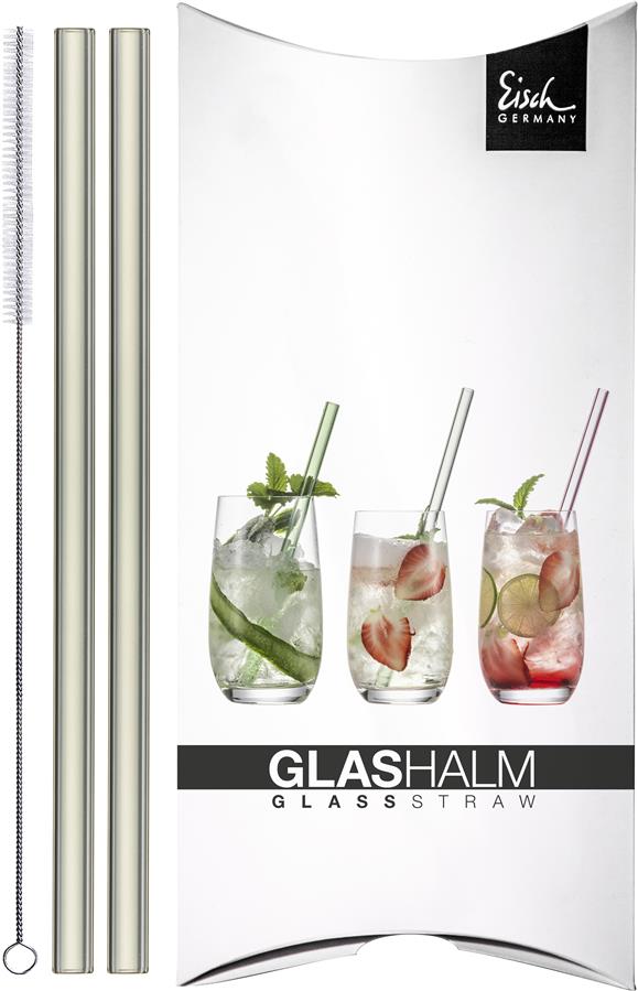 Glashütte Eisch Glashalm-Set 998/12 grau (2x) mit Bürste im GK Gentleman 86599812